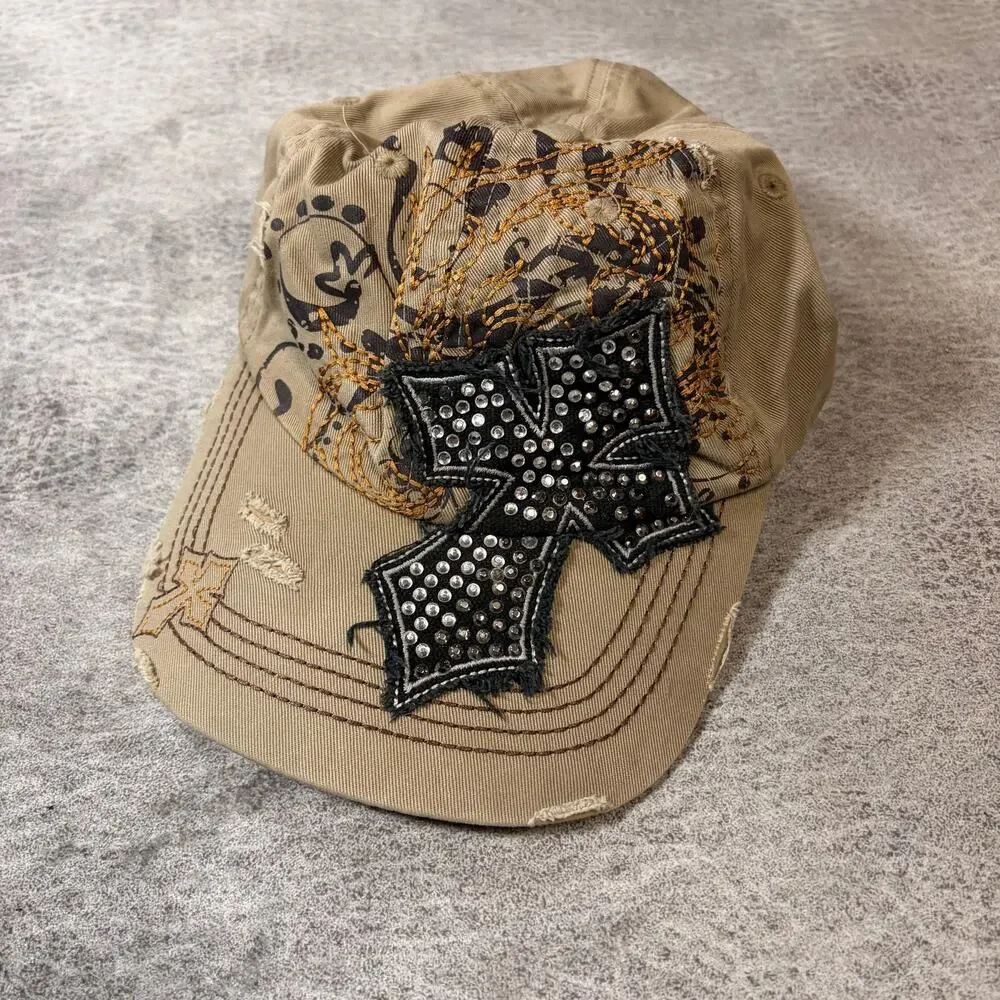 Tan Y2k Embellished Distressed Cap